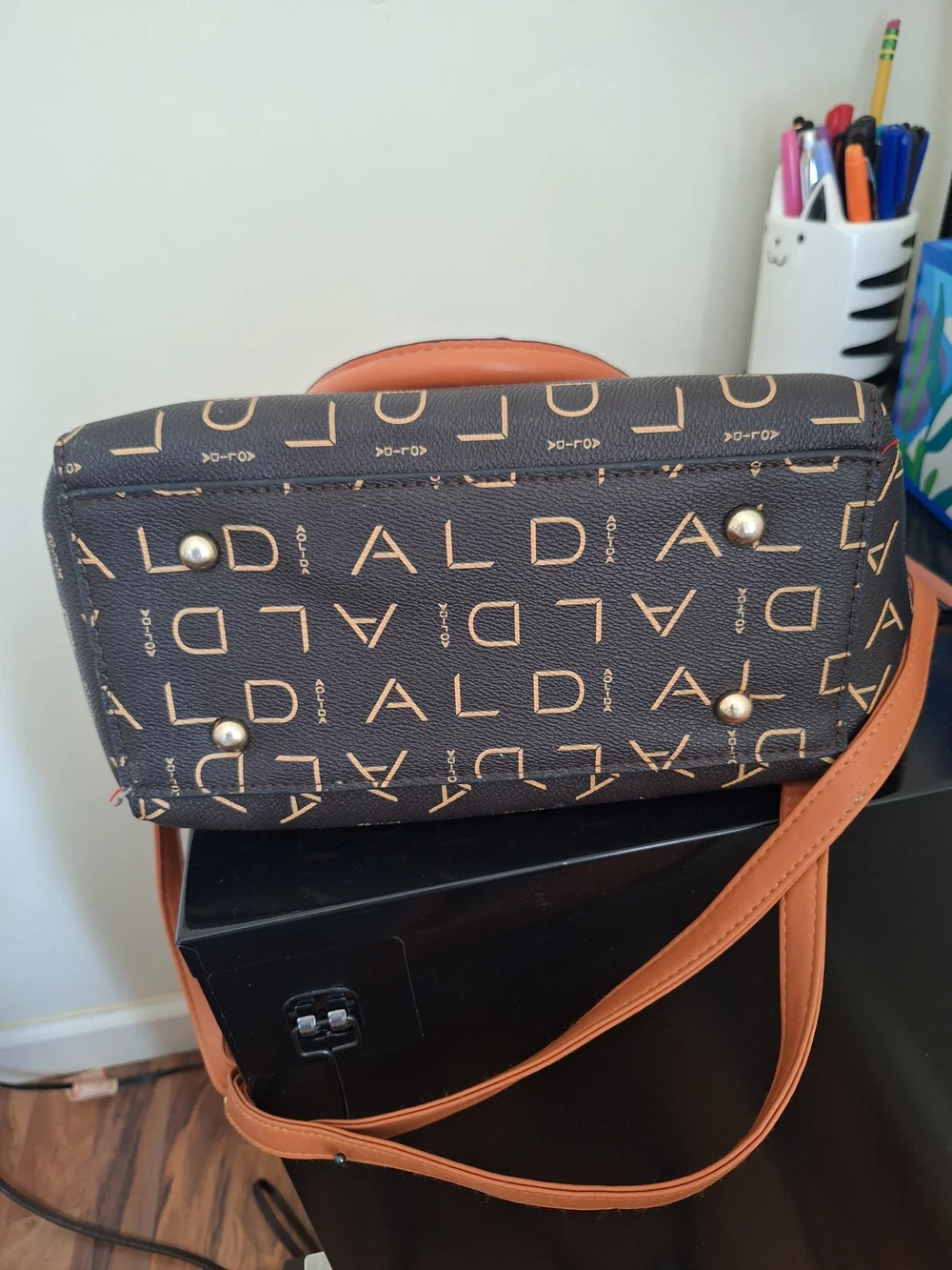 Brown Monogram Satchel Handbag with Tan Trim